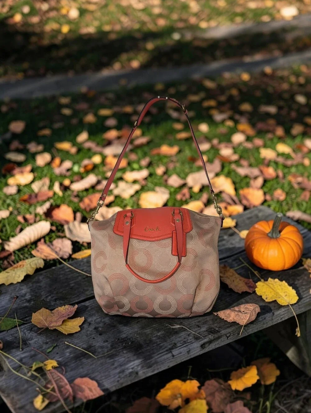 Coach Ashley Dotted Op Art Beige & Coral Satchel Detachable Shoulder Strap